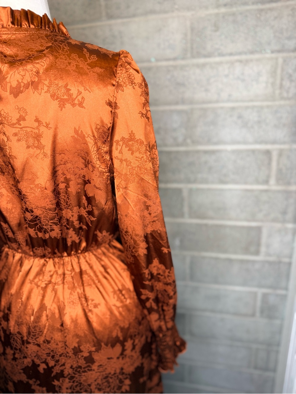 Rust Satin Jacquard Midi Dress Puff Sleeve Mock Neck Cottagecore Boho - Picture 14 of 14